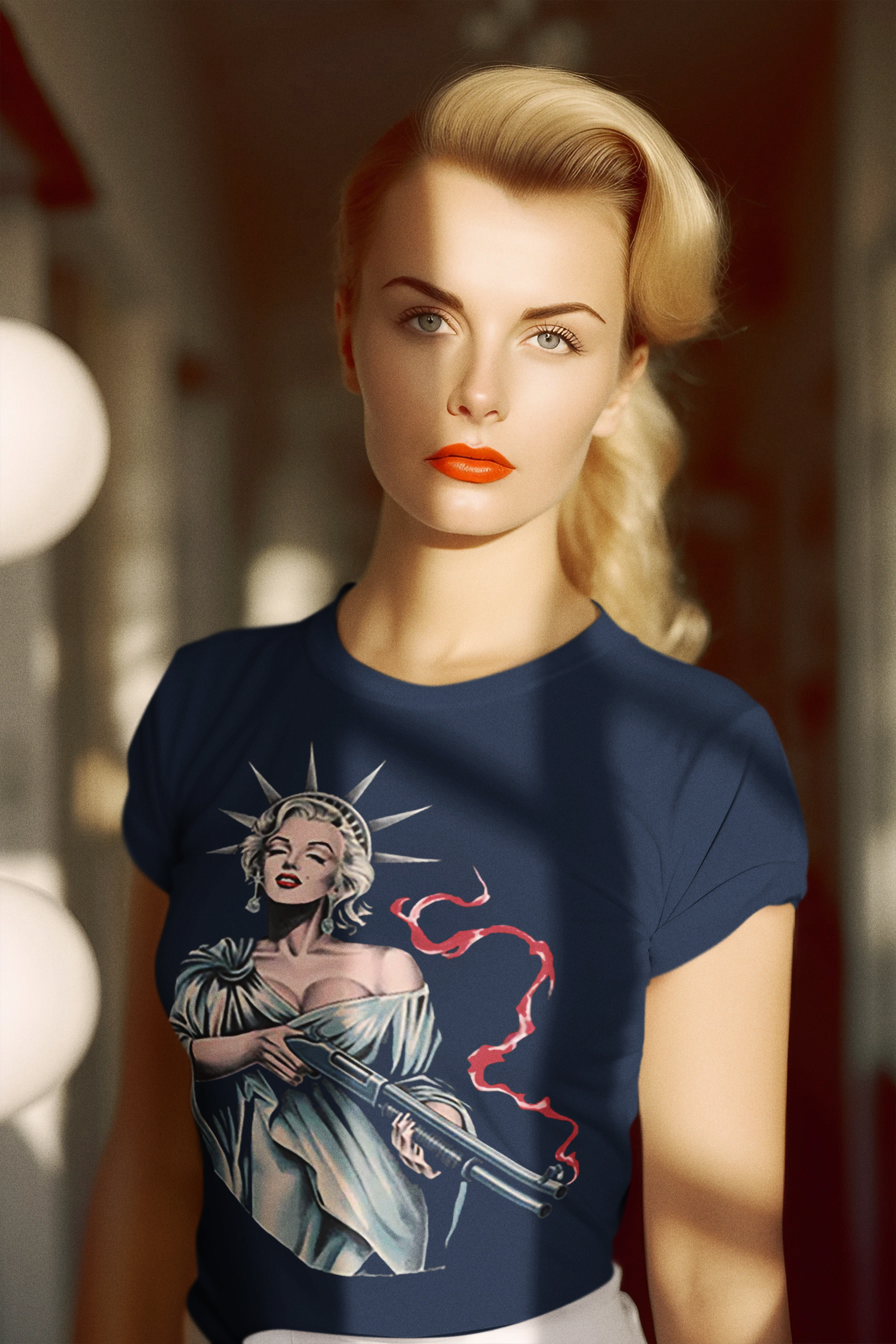 Marilyn Statue Of Liberty Apparel smart shoe edition showcasing a woman wearing a graphic T-shirt featuring a bold design.