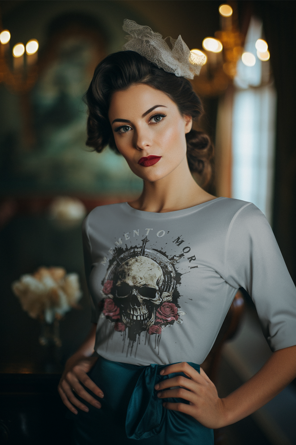Model wearing Memento Mori Skull Design Shirt with flowers, showcasing a timeless aesthetic and stylish design.
