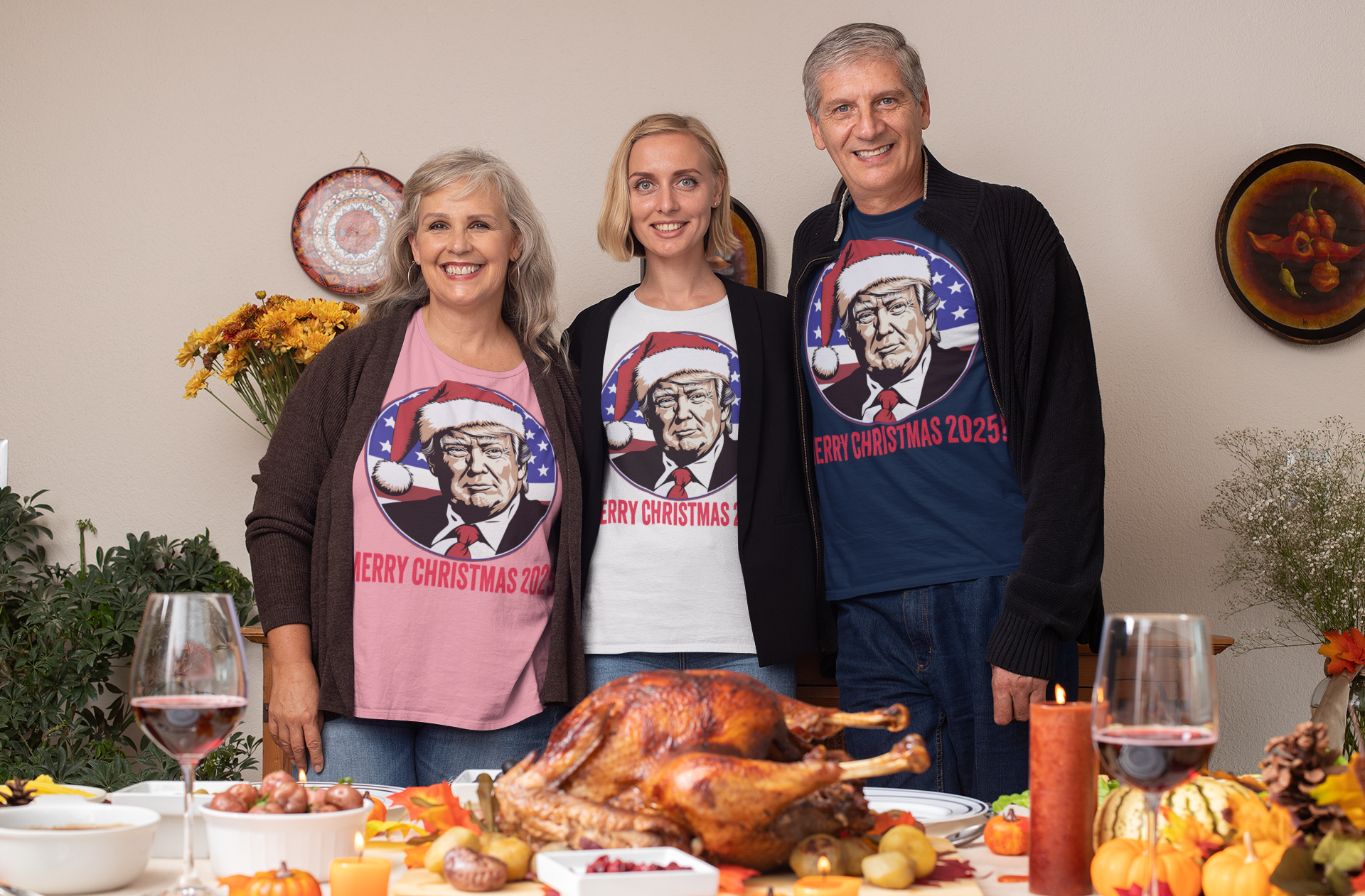 Family wearing Merry Christmas 2025 Trump As Santa graphic t-shirts at a festive dinner table.