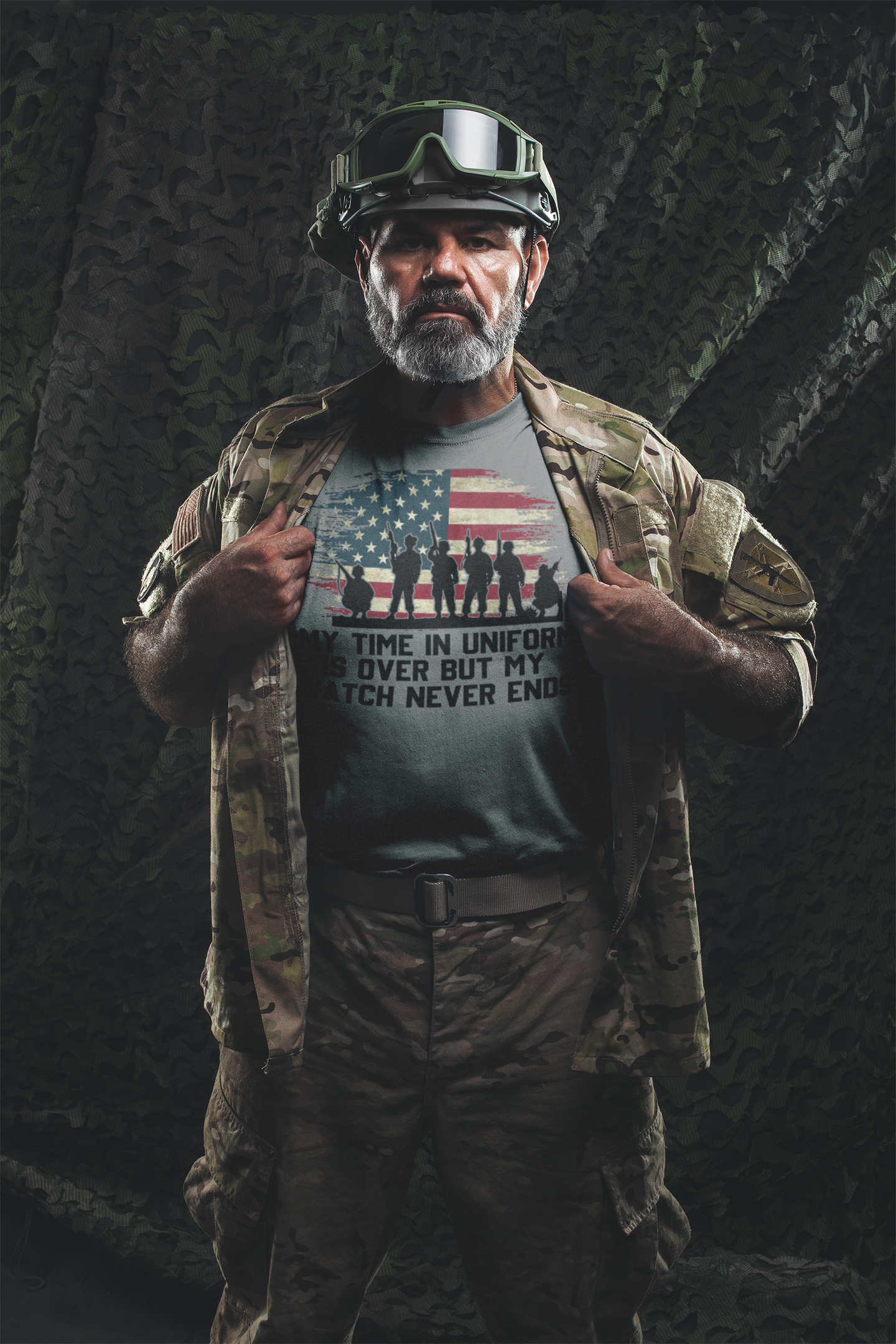 My Time In Uniform Is Over But My Watch Never Ends apparel worn by a veteran in a military setting.