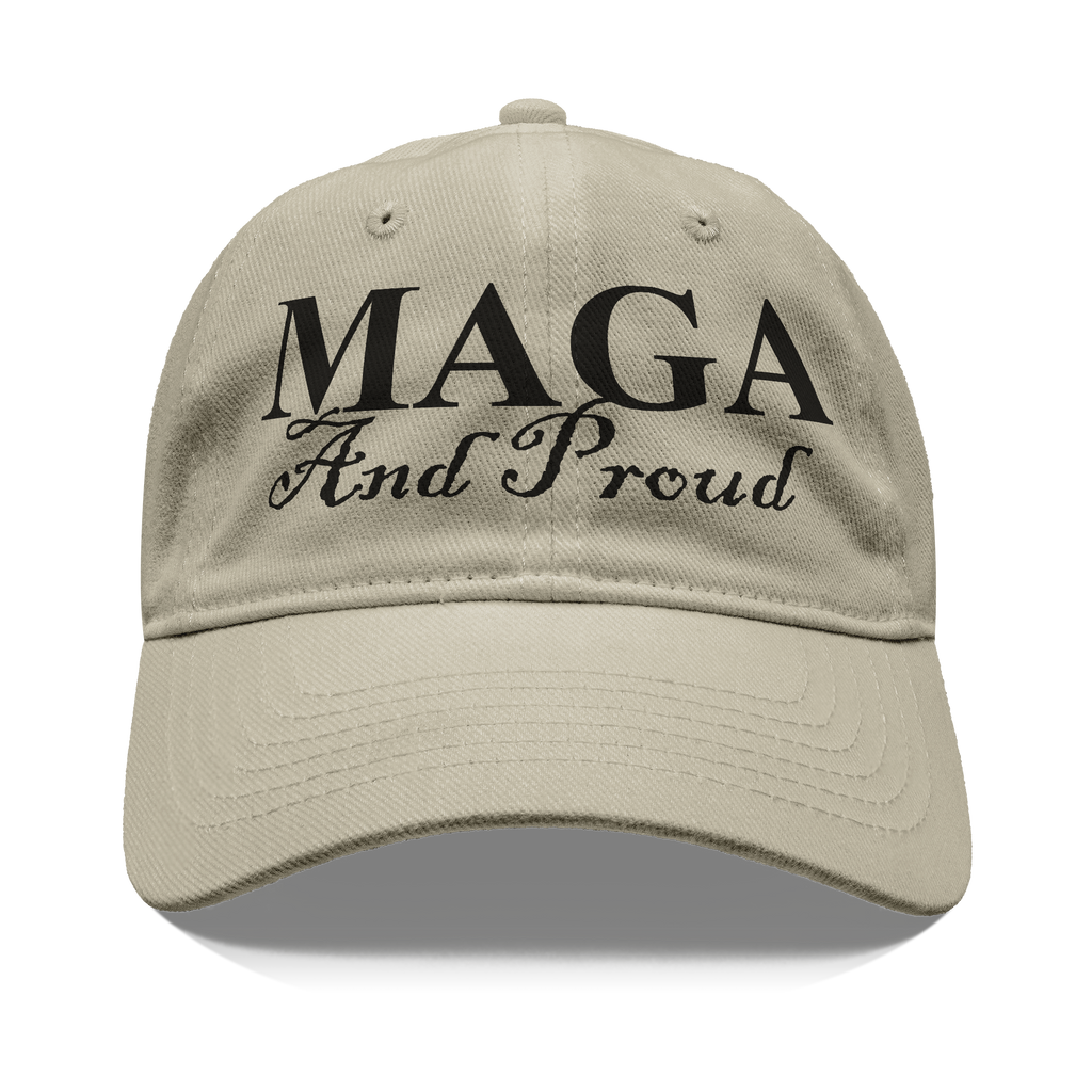 MAGA And Proud Black Script Tee displayed on a stylish cap, symbolizing personal values and patriotism.