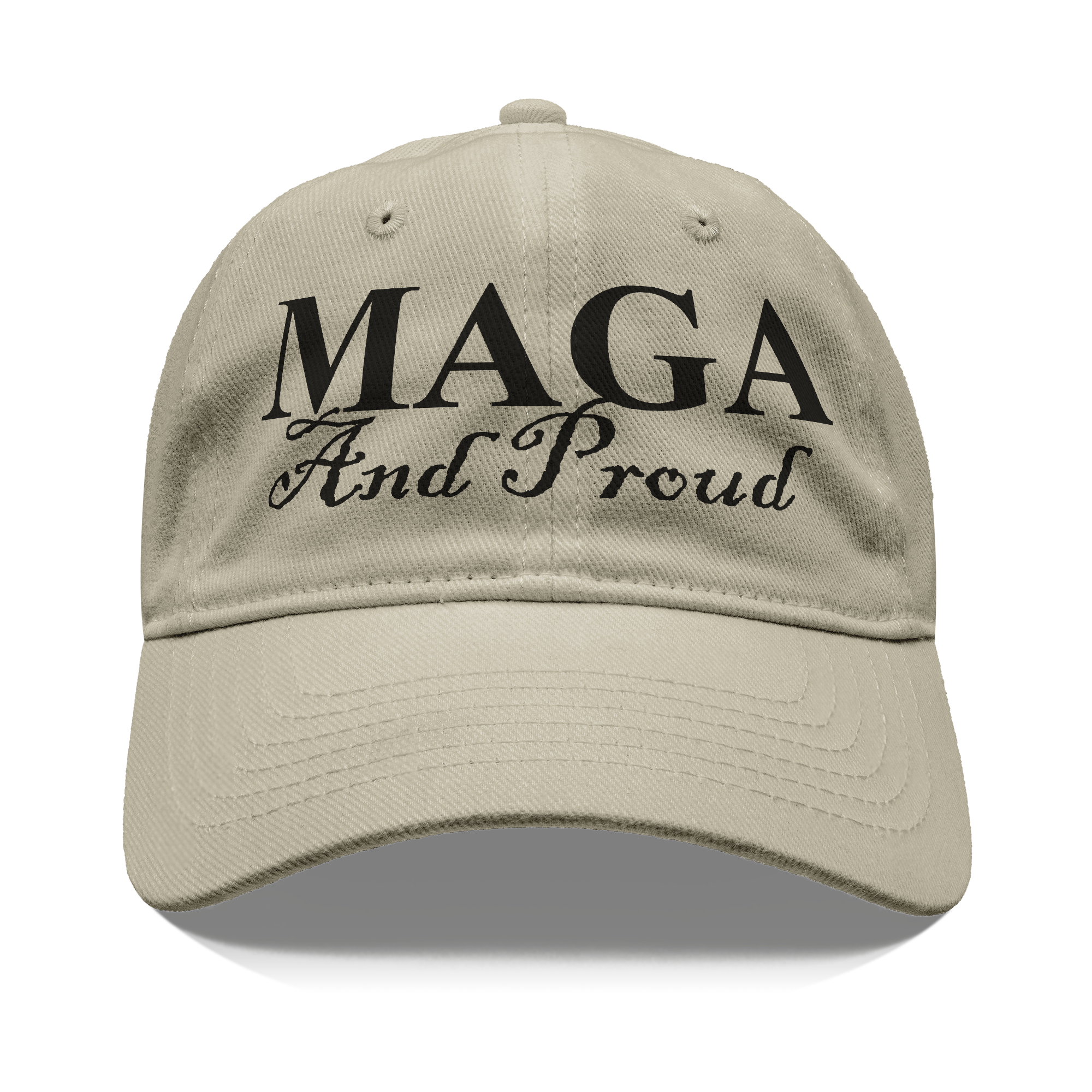 MAGA And Proud Black Script Tee displayed on a stylish cap, symbolizing personal values and patriotism.