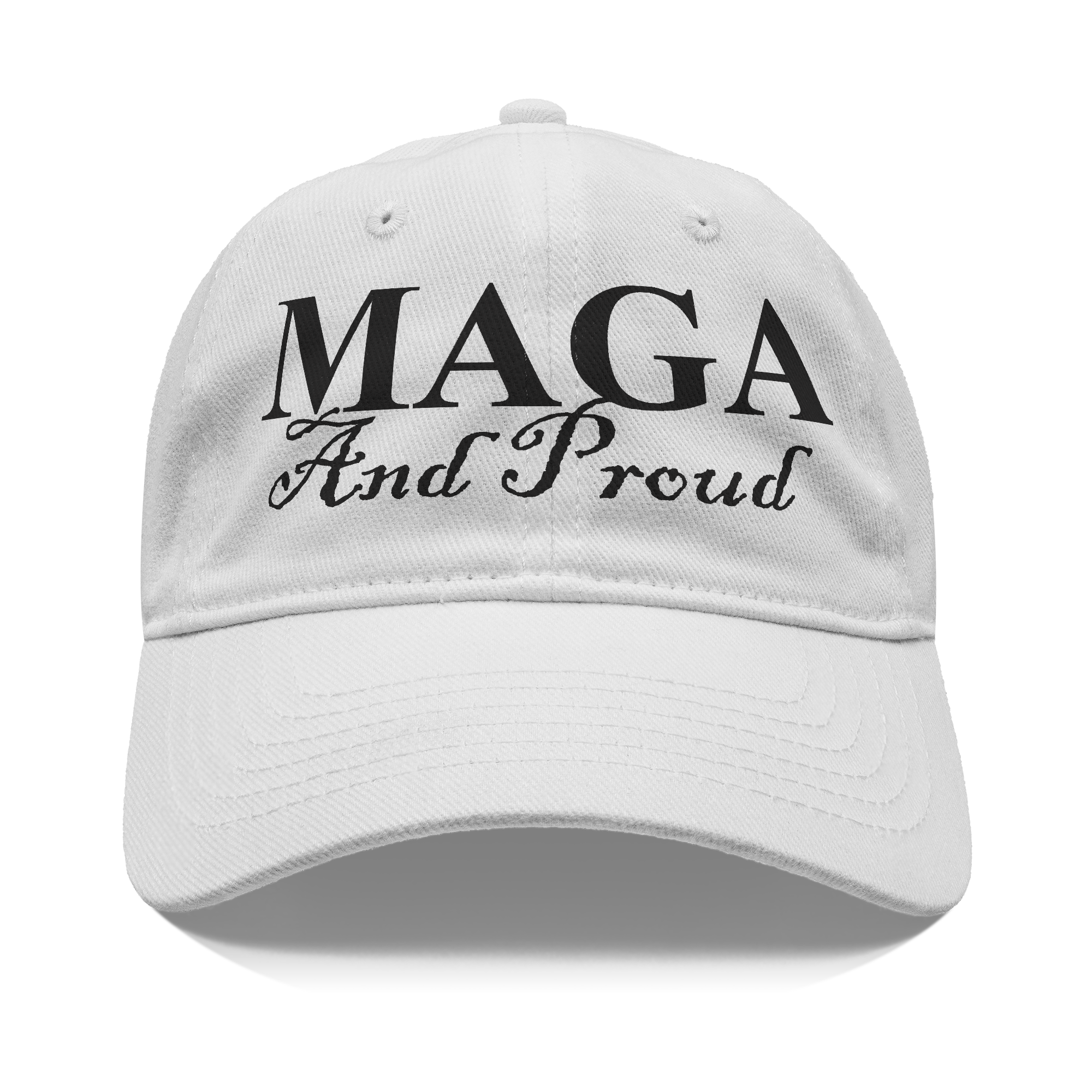 MAGA And Proud Black Script Tee displayed on a white cap, showcasing patriotism and personal values.