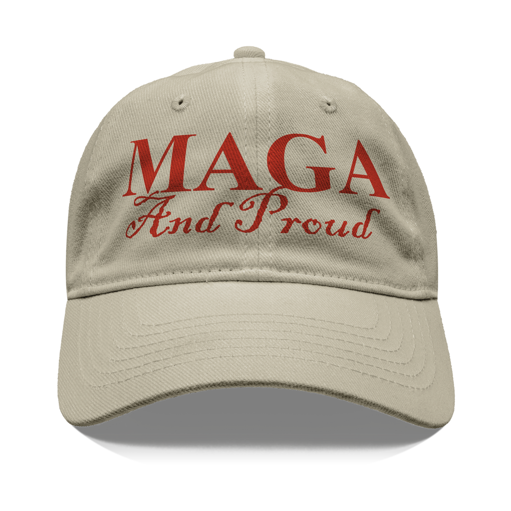 MAGA And Proud Red Font Apparel hat featuring bold red lettering on a beige cap, symbolizing patriotism.