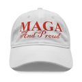 MAGA And Proud Red Font Apparel hat featuring bold red text on a white background.