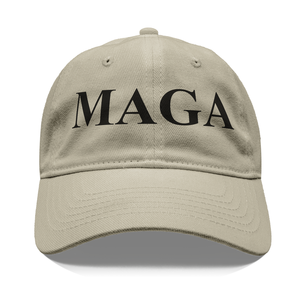 MAGA Black Letters Custom Print graphic cap in beige with bold black lettering.
