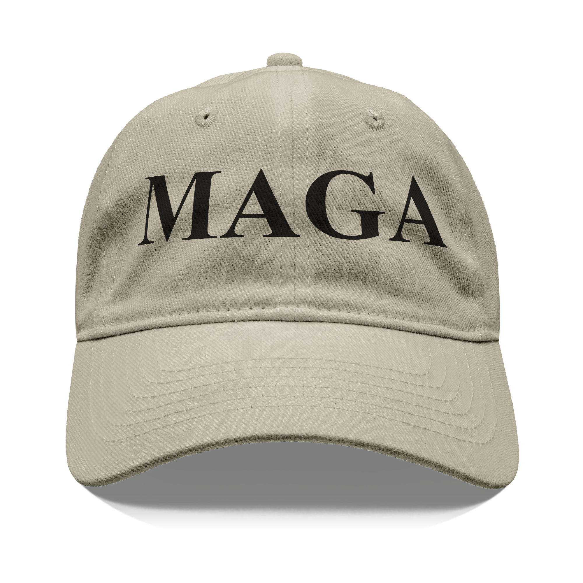MAGA Black Letters Custom Print graphic cap in beige with bold black lettering.