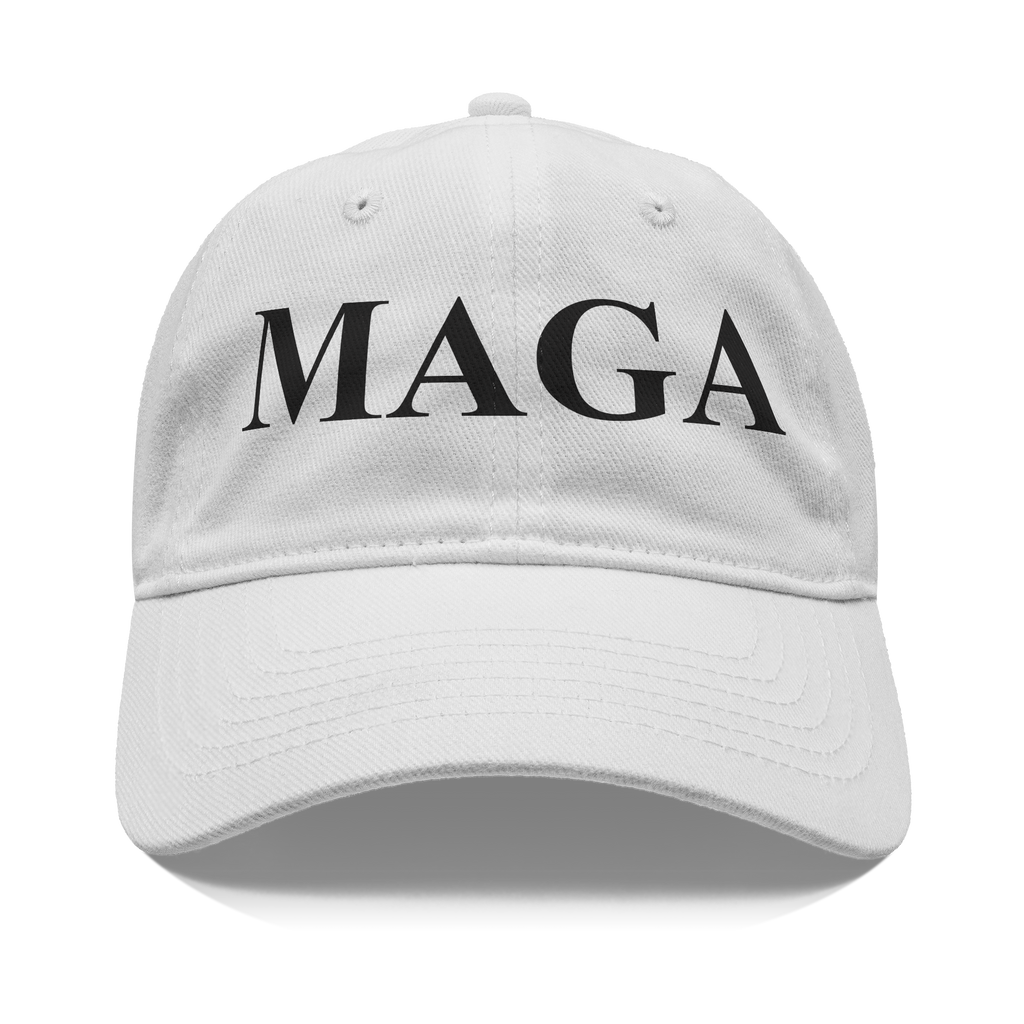 MAGA Black Letters Custom Print white baseball cap with bold black MAGA letters on the front.