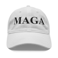 MAGA Black Letters Custom Print white baseball cap with bold black MAGA letters on the front.