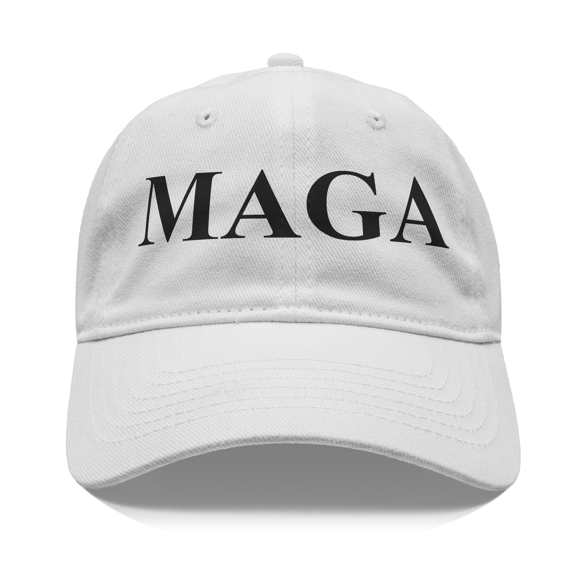 MAGA Black Letters Custom Print white baseball cap with bold black MAGA letters on the front.