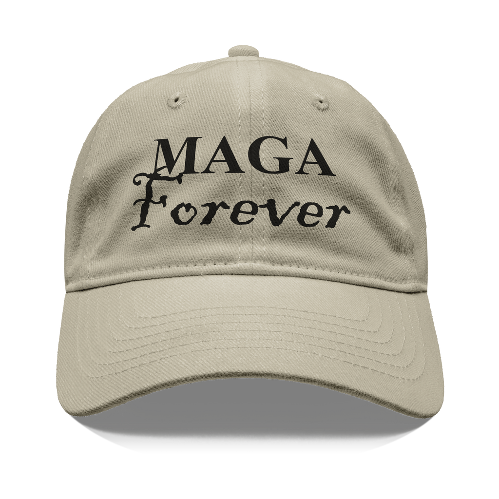 MAGA Forever Black Letters Style hat in beige with black lettering expressing personal values and patriotism.