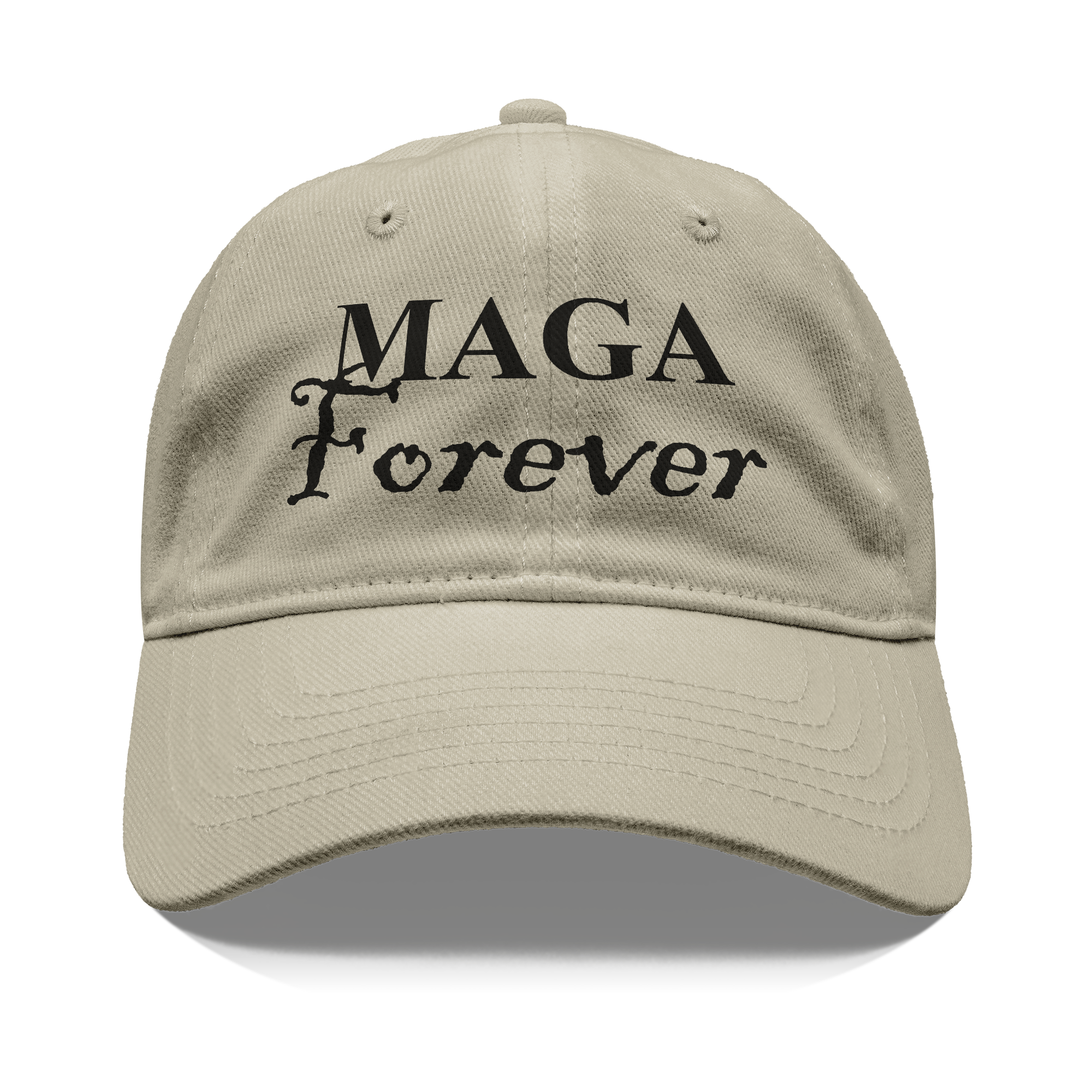 MAGA Forever Black Letters Style hat in beige with black lettering expressing personal values and patriotism.