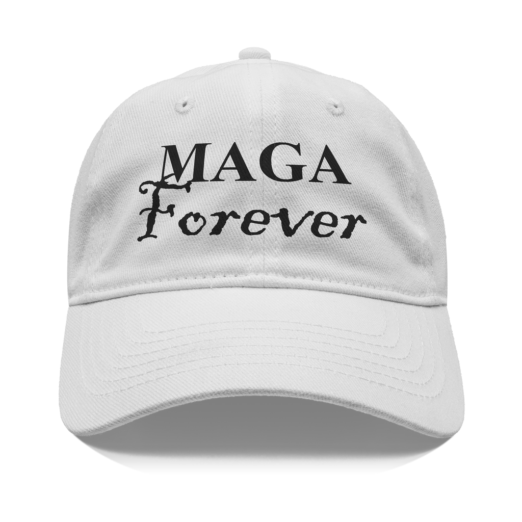 MAGA Forever Black Letters Style white hat featuring bold lettering for patriotic expression.