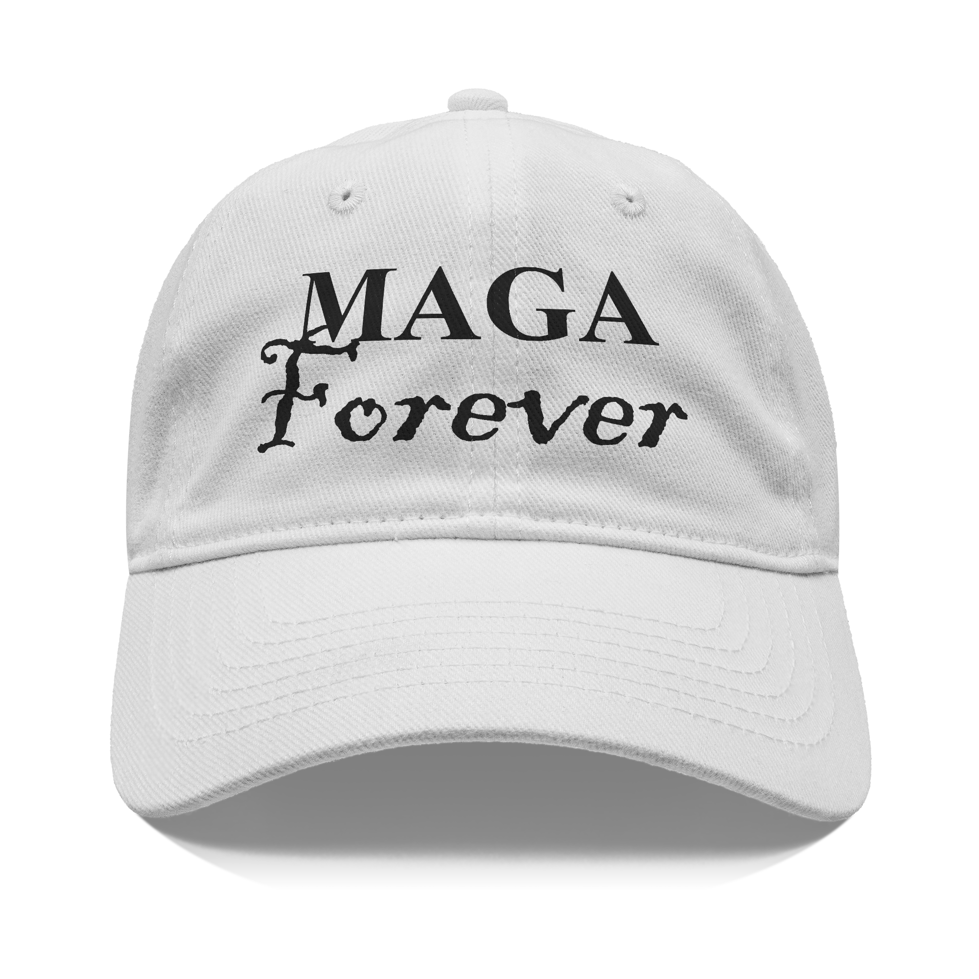 MAGA Forever Black Letters Style white hat featuring bold lettering for patriotic expression.