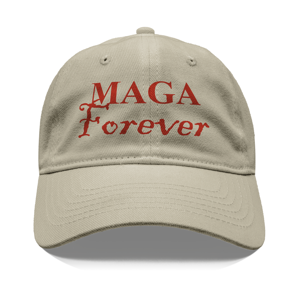 MAGA Forever Red Letters Graphic tee design featuring a beige cap with red lettering.