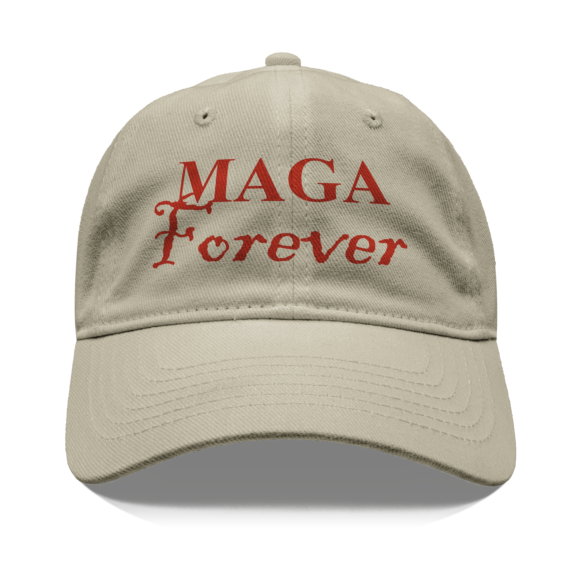 MAGA Forever Red Letters Graphic tee design featuring a beige cap with red lettering.