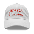 MAGA Forever Red Letters Graphic on a white baseball cap showcasing patriotism and personal expression.