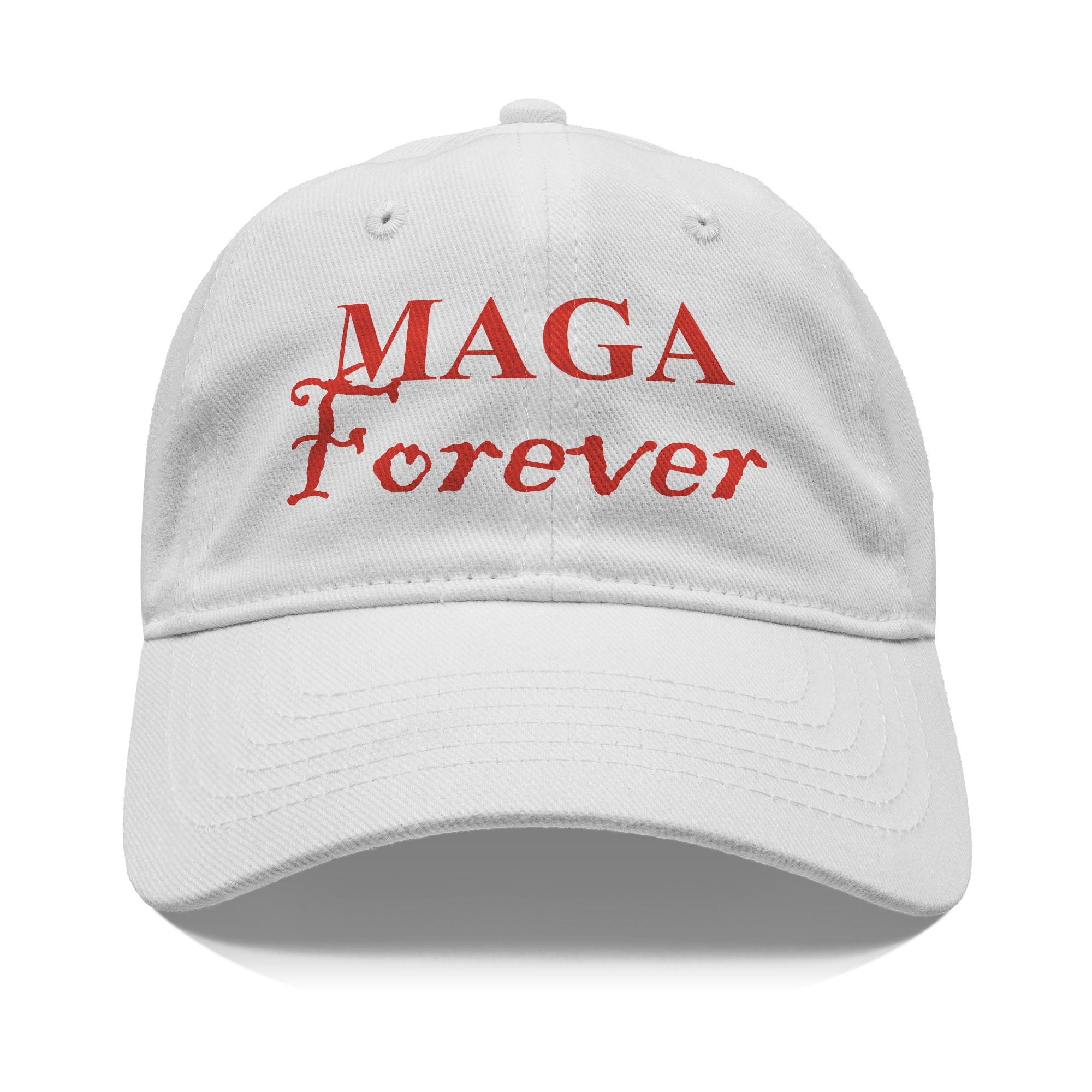 MAGA Forever Red Letters Graphic on a white baseball cap showcasing patriotism and personal expression.