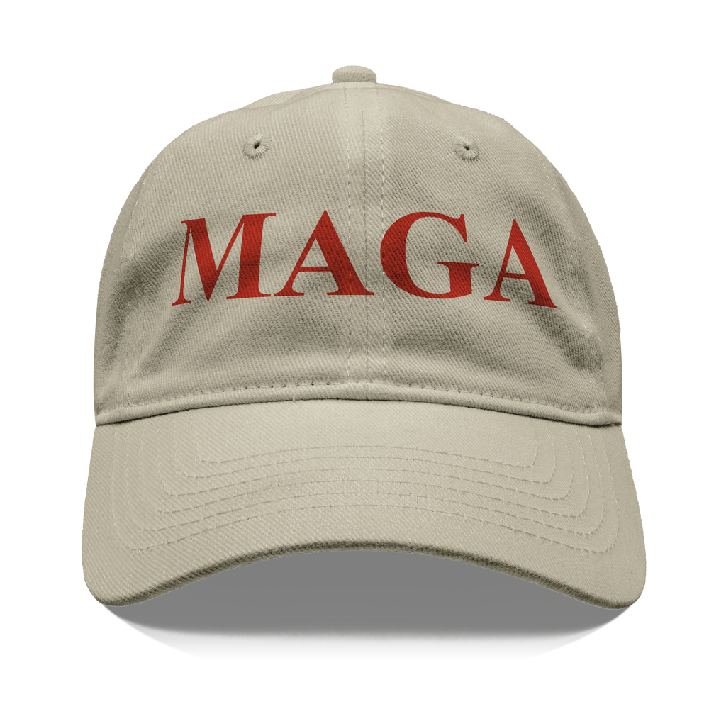 MAGA Red Letters Apparel Style graphic tee featuring bold red letters on a beige cap, symbolizing patriotism and values.