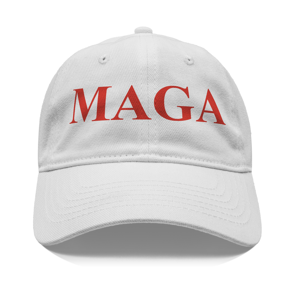 MAGA Red Letters Apparel Style white cap with bold red MAGA lettering on the front.