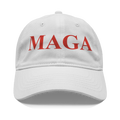 MAGA Red Letters Apparel Style white cap with bold red MAGA lettering on the front.