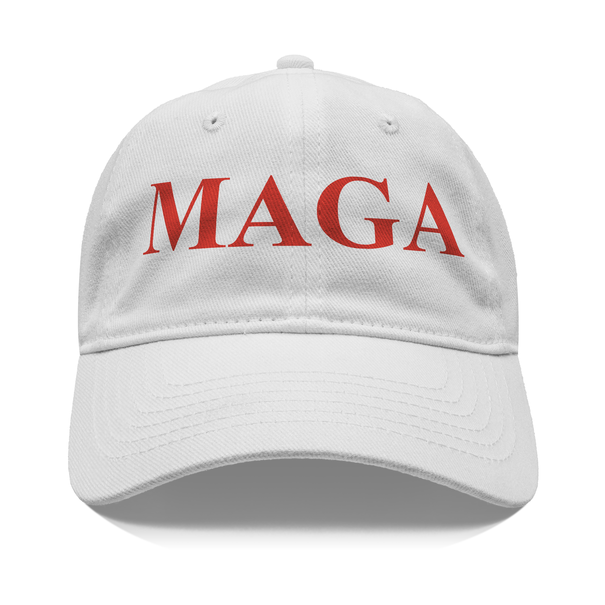 MAGA Red Letters Apparel Style white cap with bold red MAGA lettering on the front.
