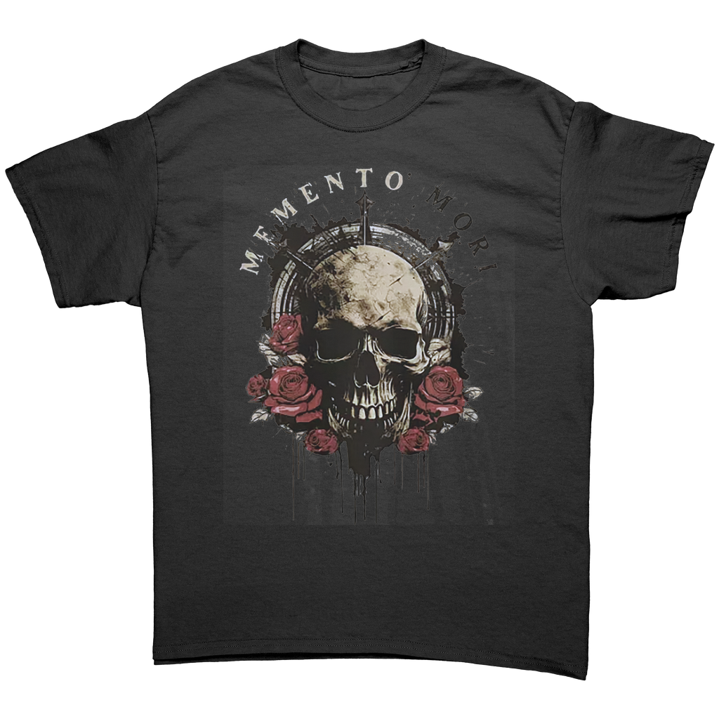Memento Mori Life Motto Apparel graphic tee featuring a skull and roses design on a black shirt.