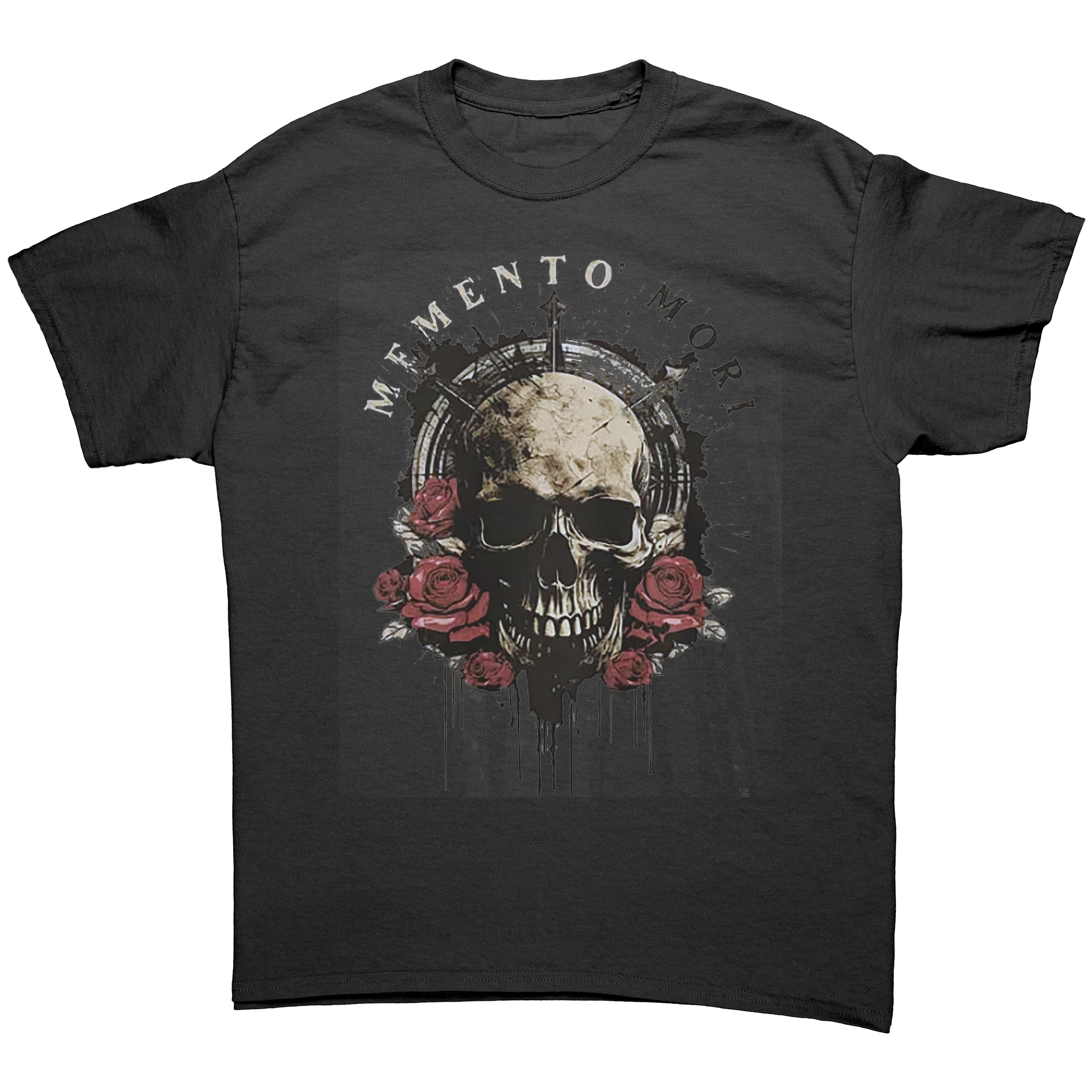 Memento Mori Life Motto Apparel graphic tee featuring a skull and roses design on a black shirt.