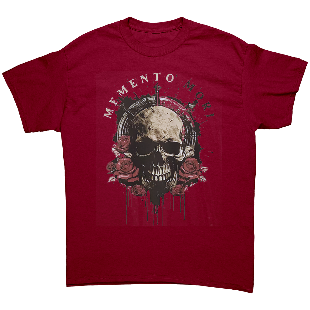 Memento Mori Life Motto Apparel graphic tee featuring a skull surrounded by roses on a red shirt.