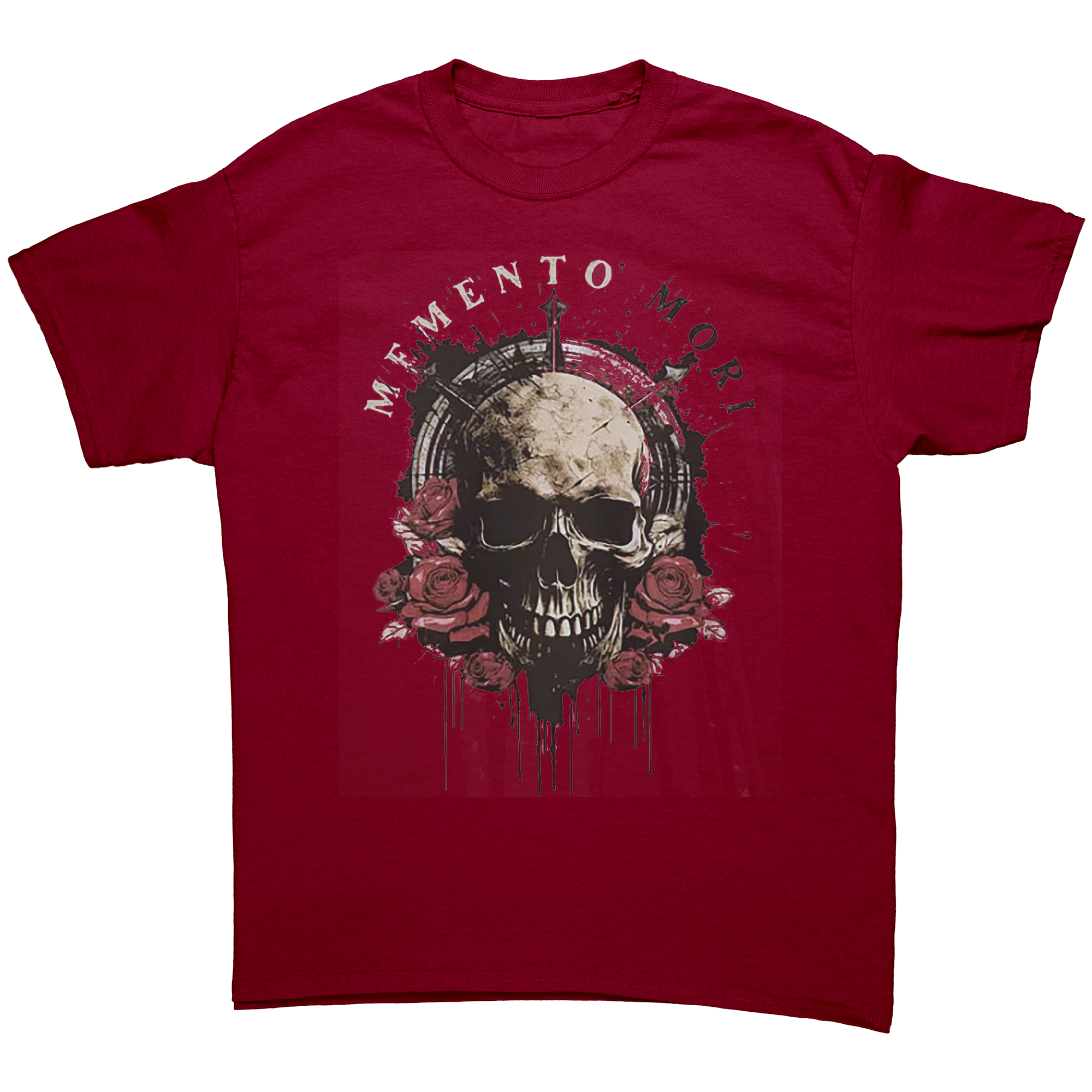 Memento Mori Life Motto Apparel graphic tee featuring a skull surrounded by roses on a red shirt.