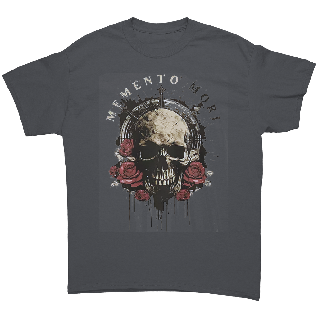 Memento Mori Life Motto Apparel graphic tee featuring a skull and roses design.