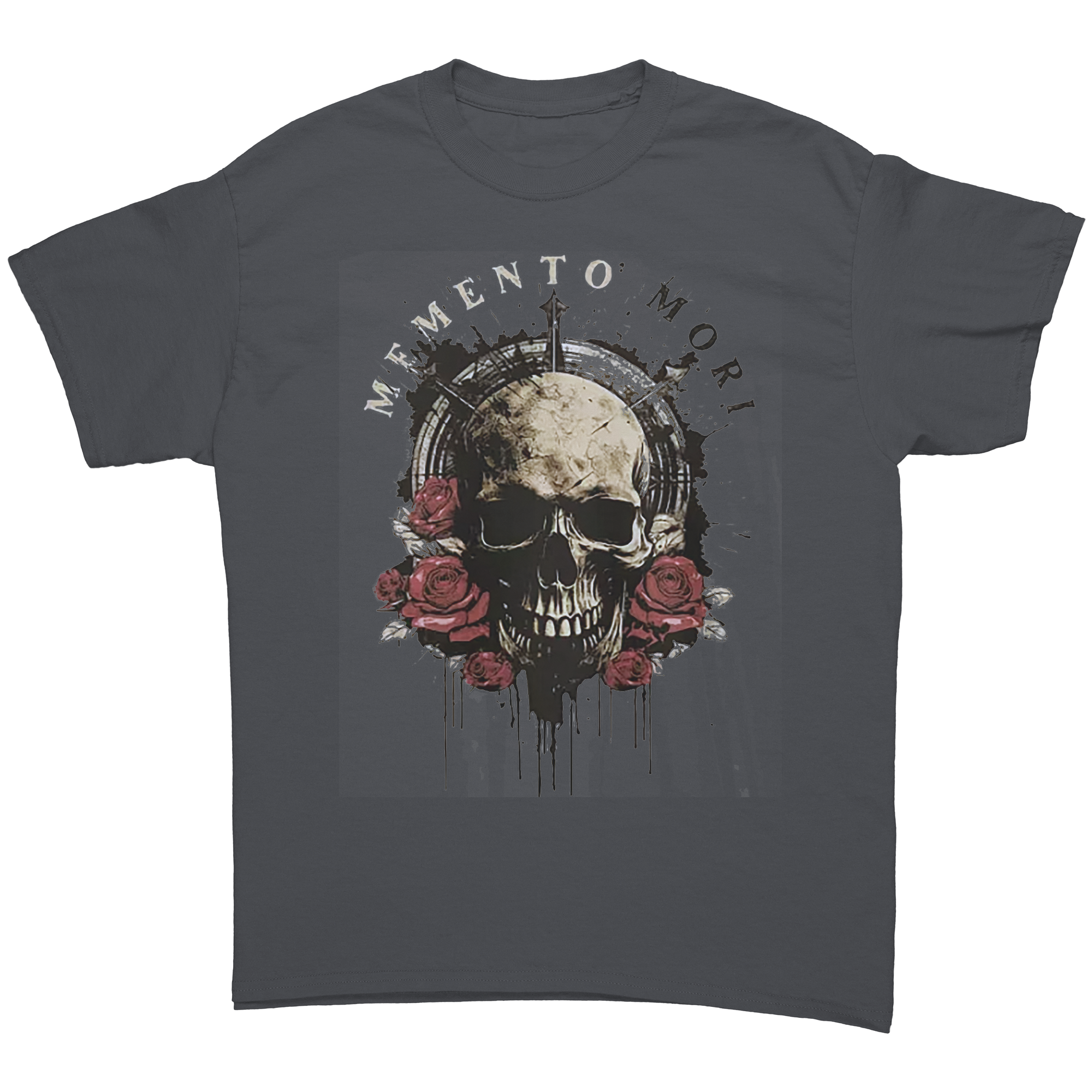 Memento Mori Life Motto Apparel graphic tee featuring a skull and roses design.