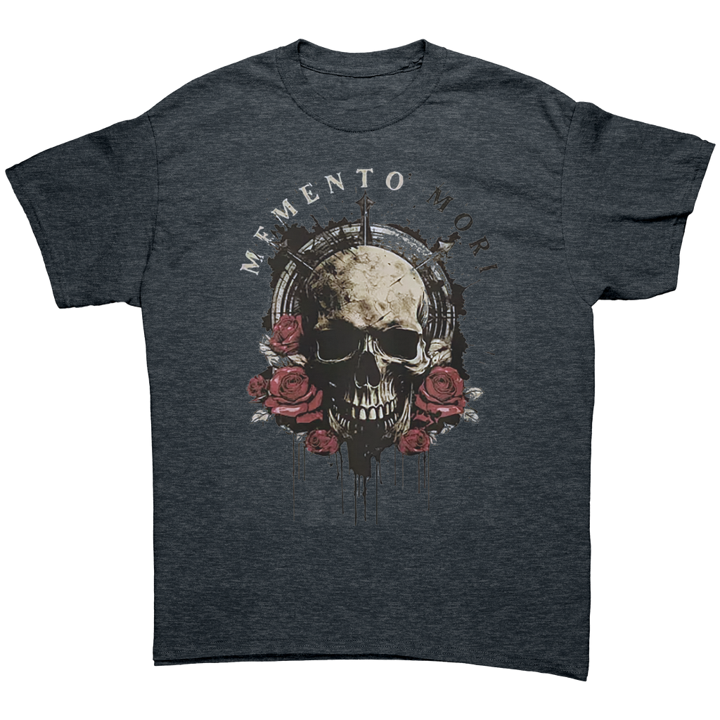 Memento Mori Life Motto Apparel graphic tee featuring a skull and roses design.