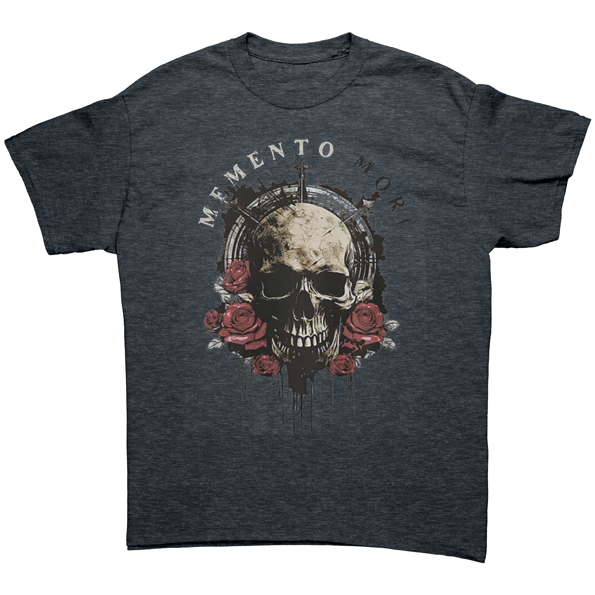 Memento Mori Life Motto Apparel graphic tee featuring a skull and roses design.