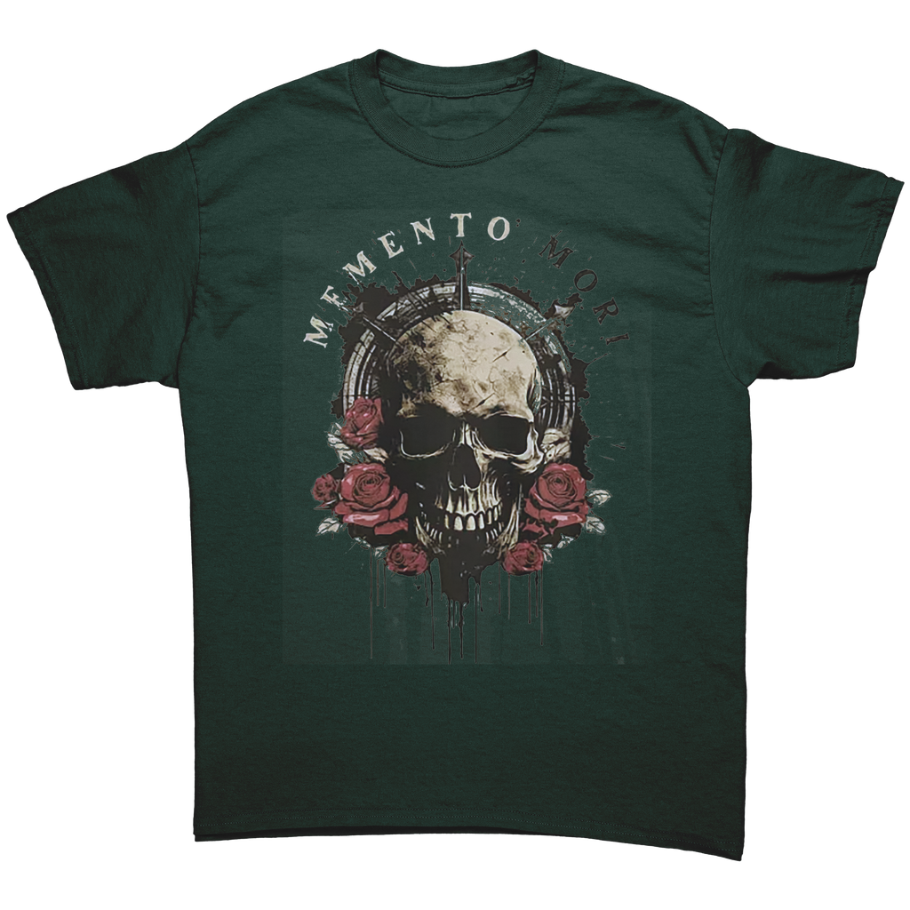 Memento Mori Life Motto Apparel graphic tee featuring a skull and roses design.