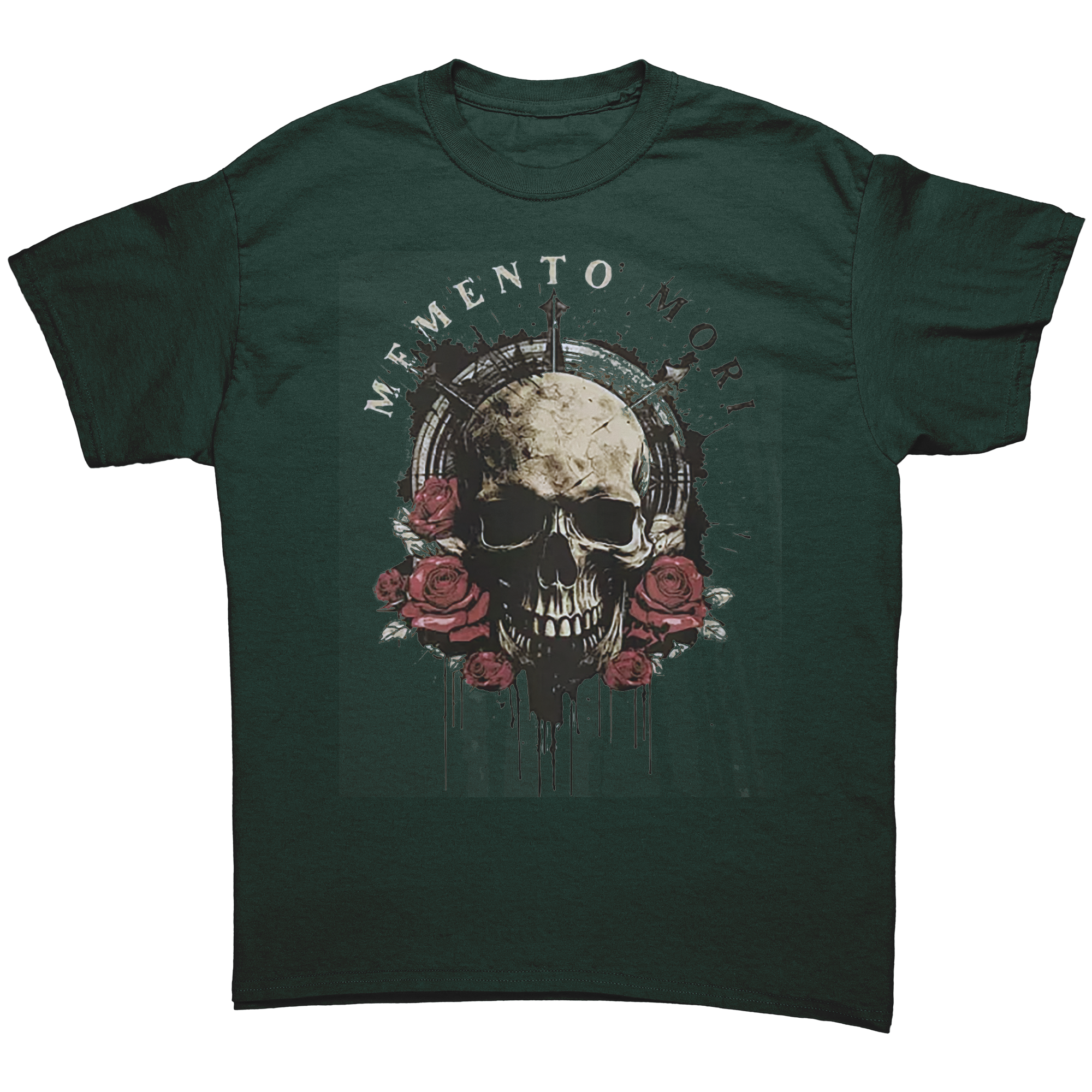 Memento Mori Life Motto Apparel graphic tee featuring a skull and roses design.