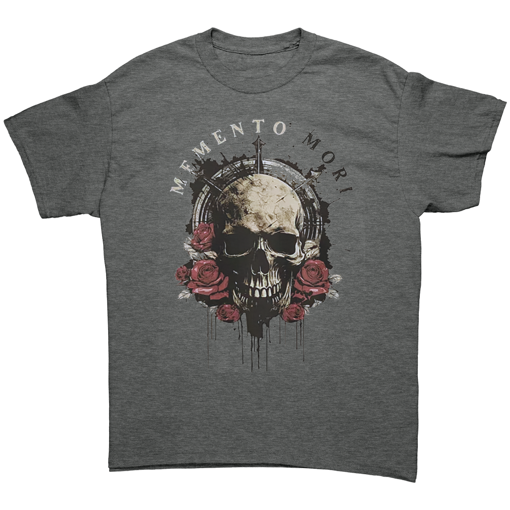 Memento Mori Life Motto Apparel graphic tee featuring a skull and roses design.