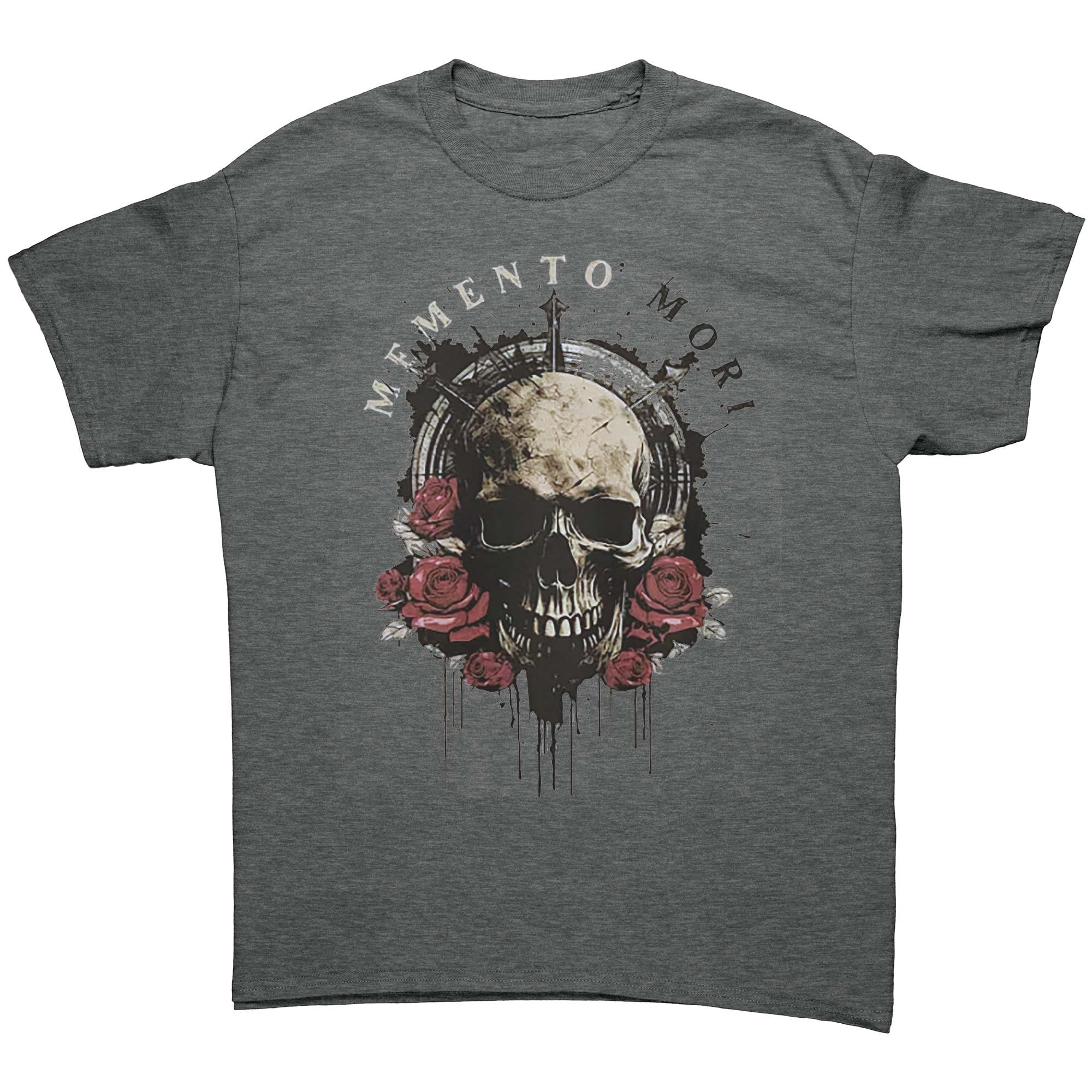 Memento Mori Life Motto Apparel graphic tee featuring a skull and roses design.