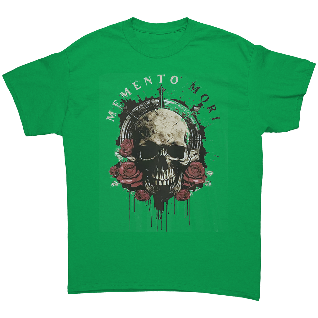 Memento Mori Life Motto Apparel graphic tee featuring a skull and roses design on a green background.