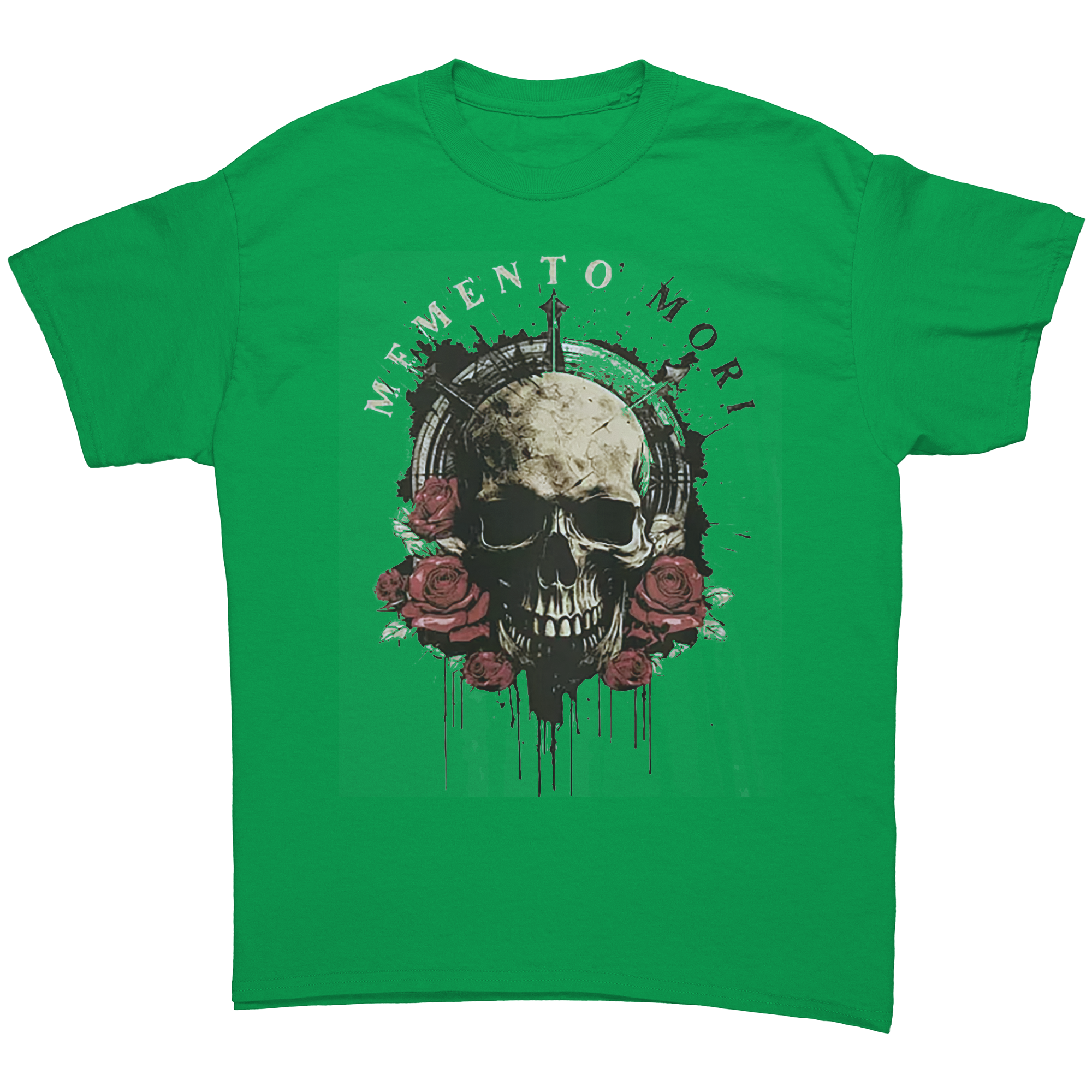 Memento Mori Life Motto Apparel graphic tee featuring a skull and roses design on a green background.