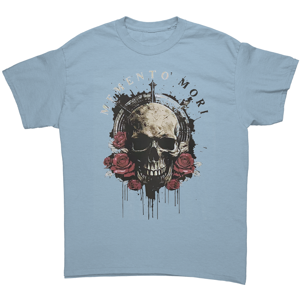 Memento Mori Life Motto Apparel graphic tee featuring a skull and roses design on a light blue background.