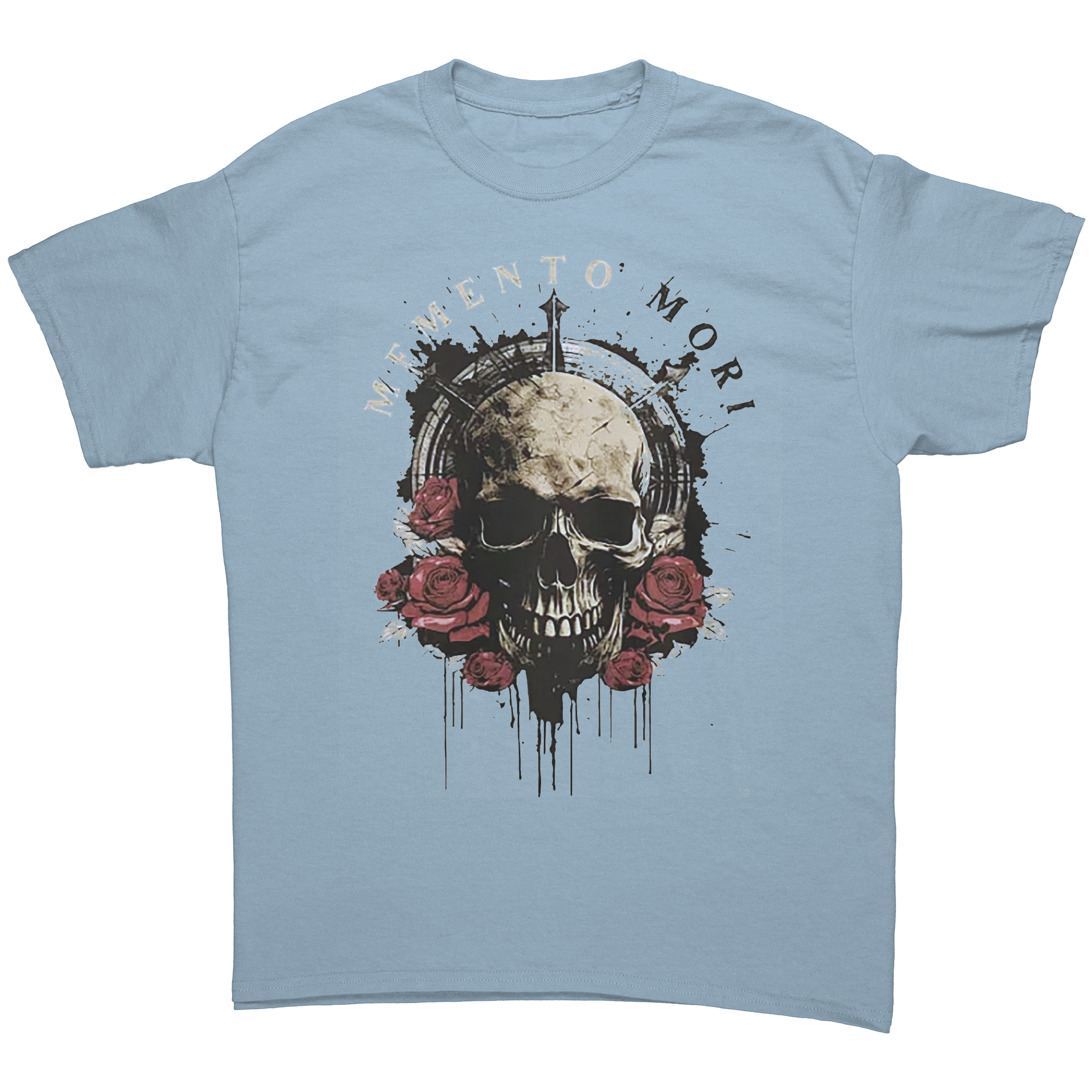 Memento Mori Life Motto Apparel graphic tee featuring a skull and roses design on a light blue background.
