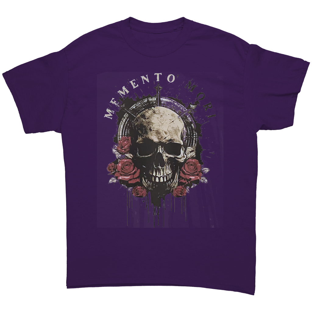 Memento Mori Life Motto Apparel graphic tee featuring a skull and roses on a purple background.