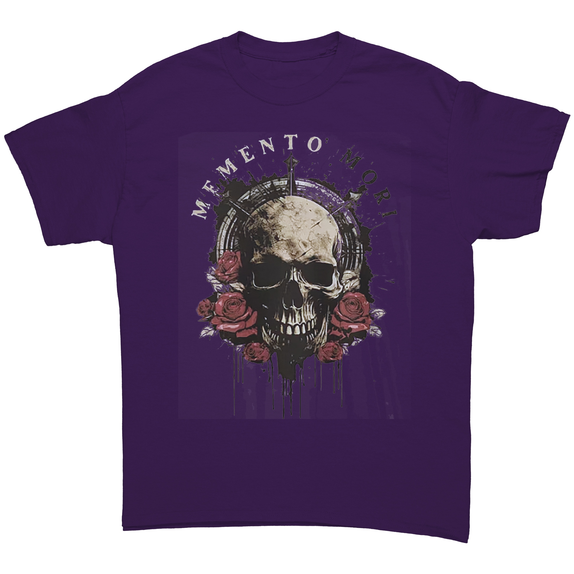Memento Mori Life Motto Apparel graphic tee featuring a skull and roses on a purple background.