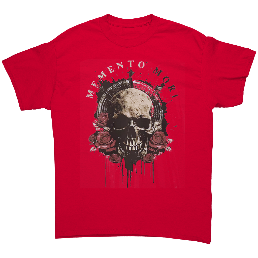 Memento Mori Life Motto Apparel graphic tee featuring a skull design with roses on a red shirt.