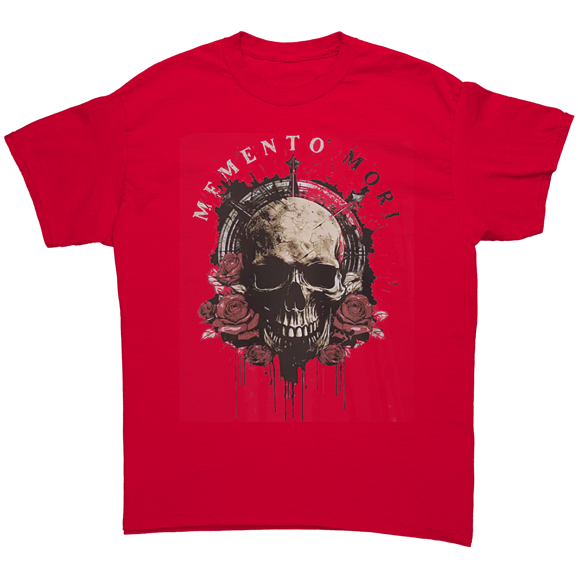 Memento Mori Life Motto Apparel graphic tee featuring a skull design with roses on a red shirt.