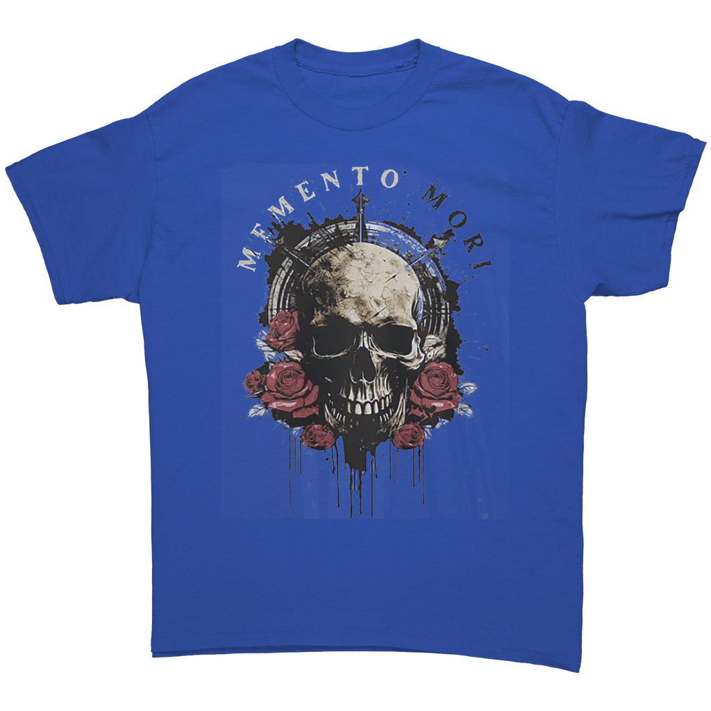 Memento Mori Life Motto Apparel graphic tee featuring a skull and roses design on a blue background.