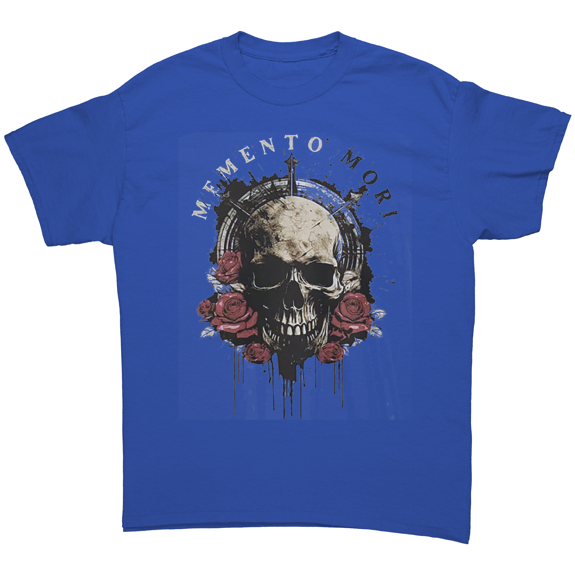 Memento Mori Life Motto Apparel graphic tee featuring a skull and roses design on a blue background.