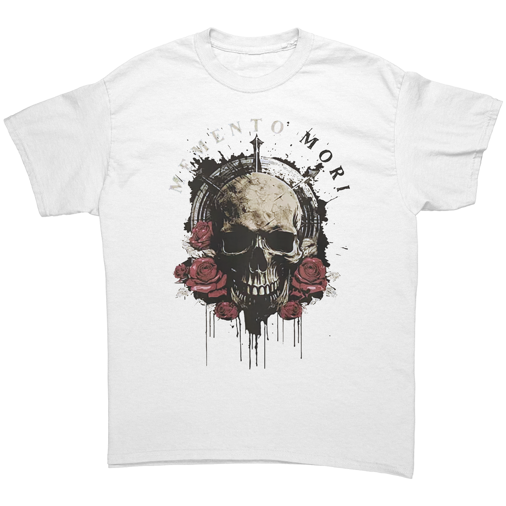 Memento Mori Life Motto Apparel graphic tee featuring a skull and roses design.
