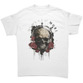 Memento Mori Life Motto Apparel graphic tee featuring a skull and roses design.